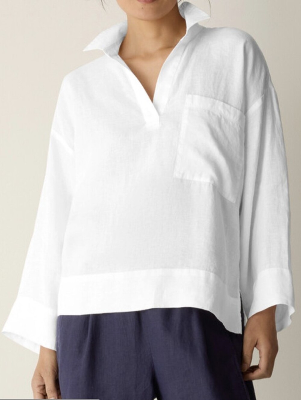 Eileen Fisher Organic Handkerchief Linen Split Neck Top Large White Minimalist - Picture 1 of 7